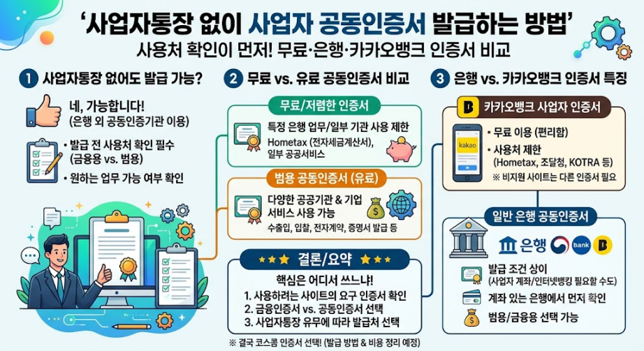 사업자통장 없이 사업자 공동인증서 발급 방법 은행 카카오뱅크 무료 인증