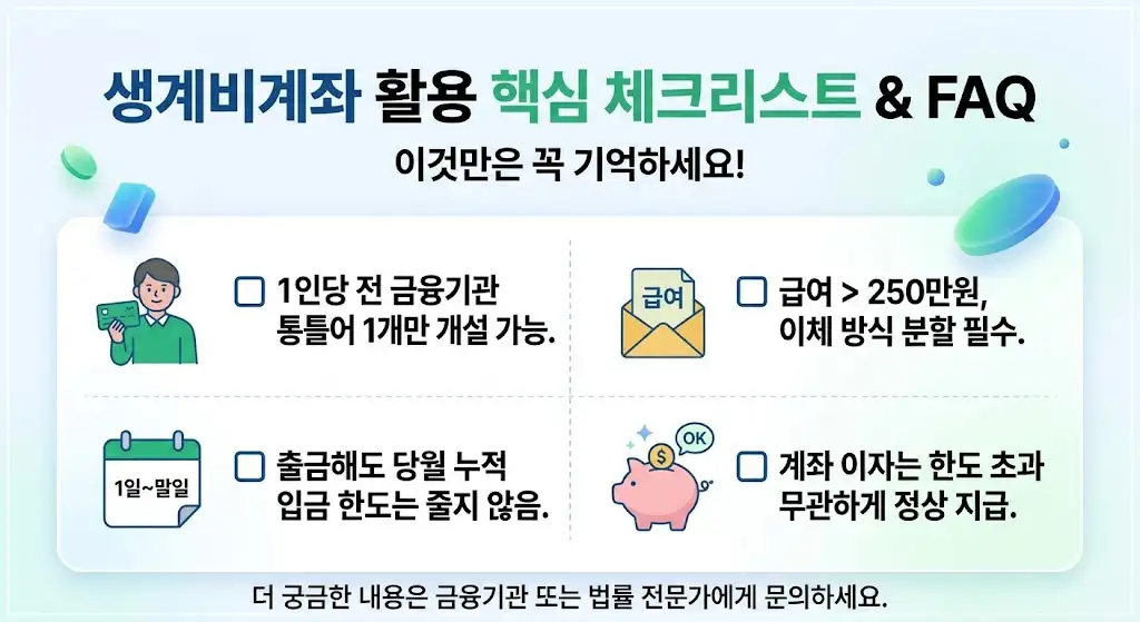 2026 생계비계좌 입금한도 250만원 체크카드 자동이체 급여 입금 가능할까?