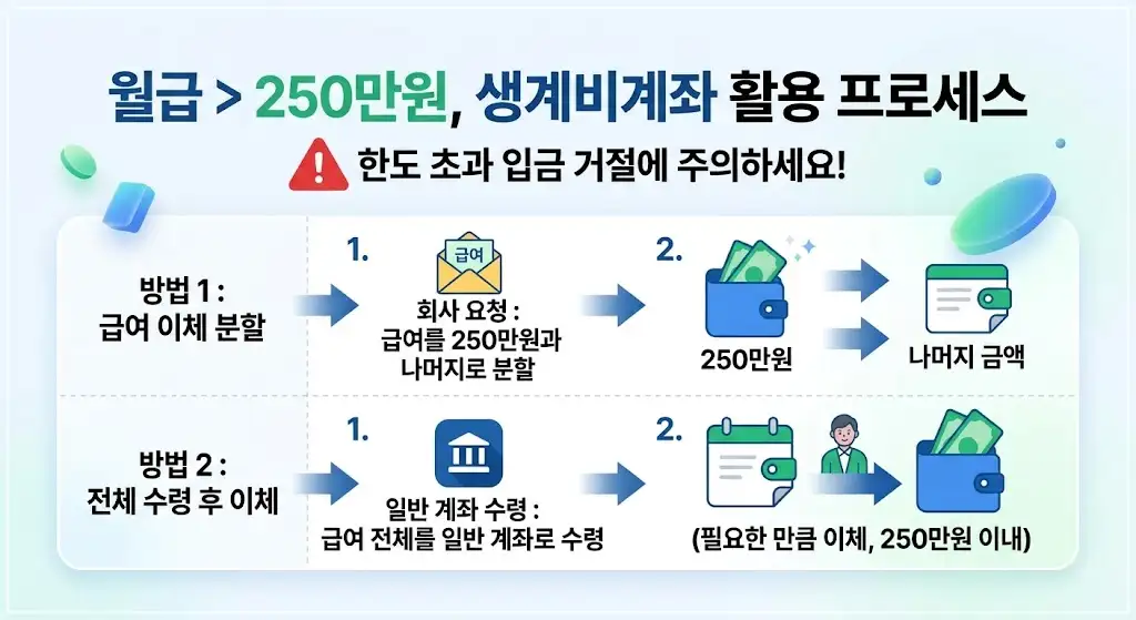 2026 생계비계좌 입금한도 250만원 체크카드 자동이체 급여 입금 가능할까?
