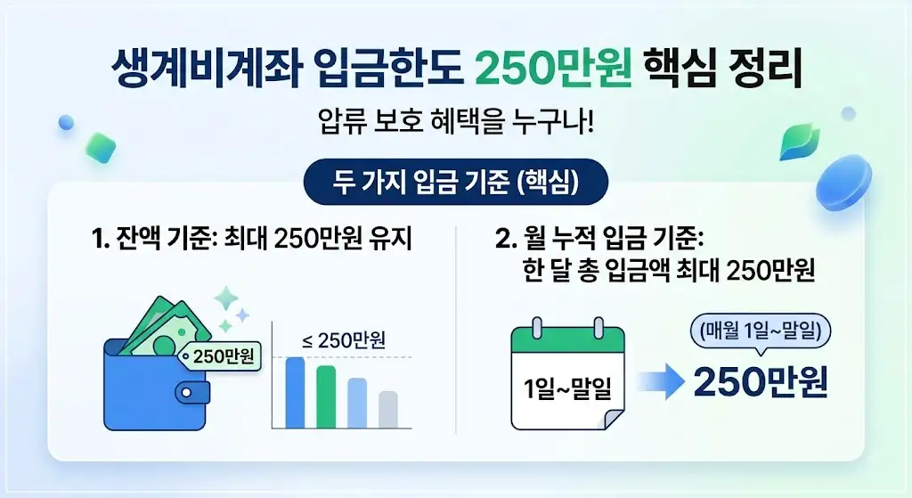 2026 생계비계좌 입금한도 250만원 체크카드 자동이체 급여 입금 가능할까?